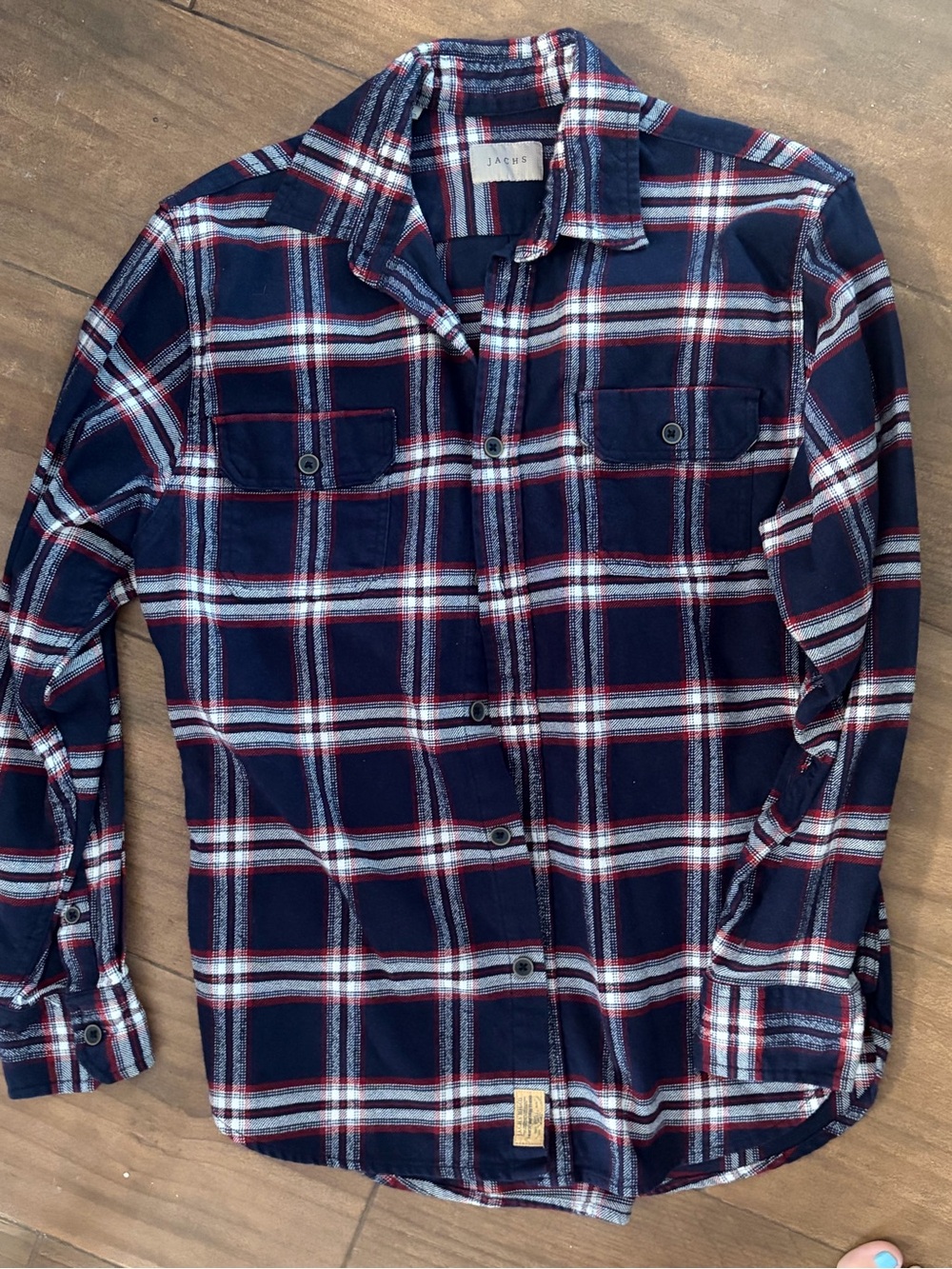 Jachs Navy Plaid Button-Down Shirt with White & Red Stripes